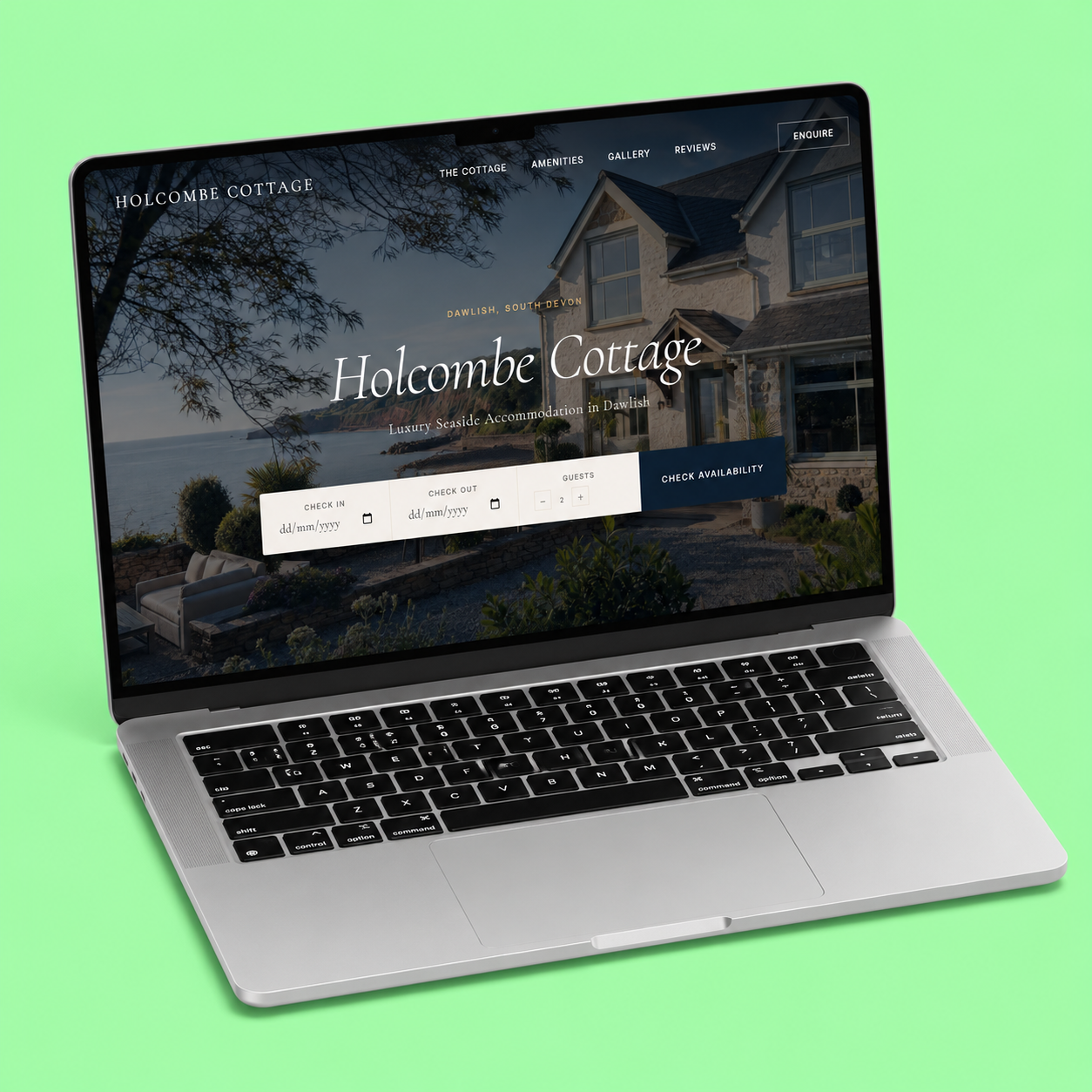 Holiday cottage accommodation booking website design mockup