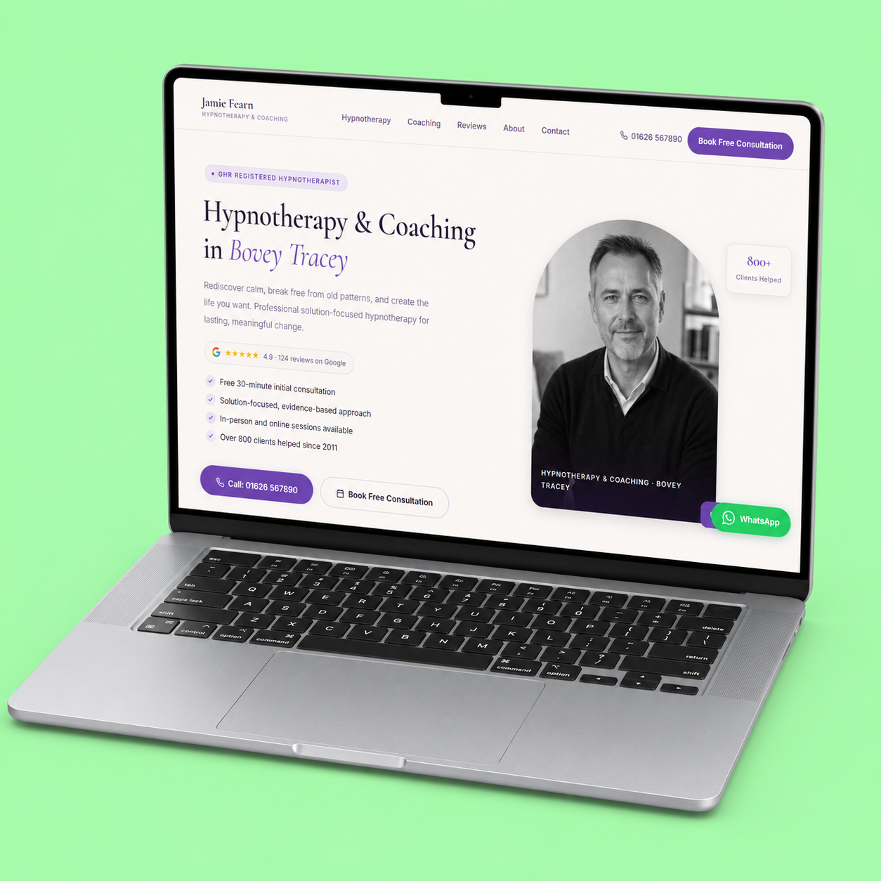 Hypnotherapy and coaching therapist website design mockup